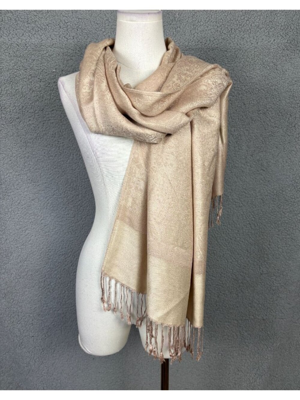 Sakkas Women's  Paisley Fringed Pashmina Scarf /Wrap In Beige One Size NWT's.